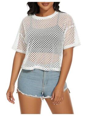 Fishnet Mesh Sheer See Through Short Sleeve Crop Top Tee